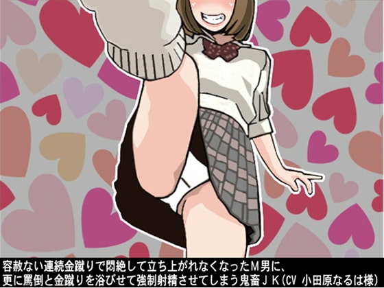 容赦ない連続金蹴りで悶絶して立ち上がれなくなったM男に、更に罵倒と金蹴りを浴びせて強○射精させてしまう鬼畜JK(CV 小田原なるは様) の表紙